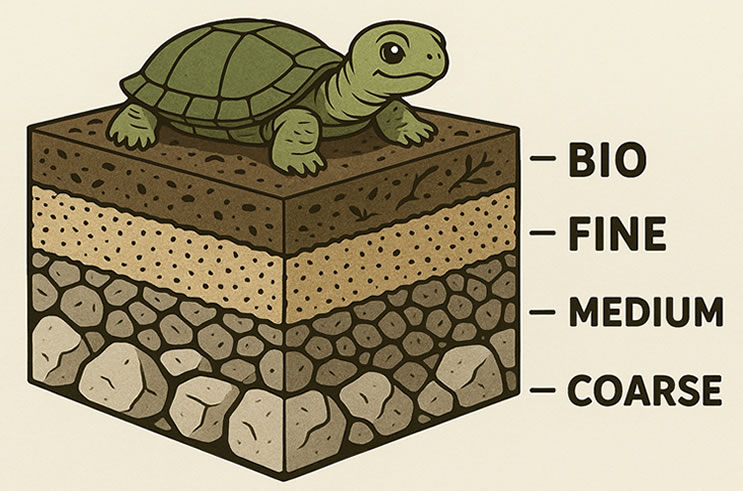 Media stack cutaway (coarse → medium → fine → bio)